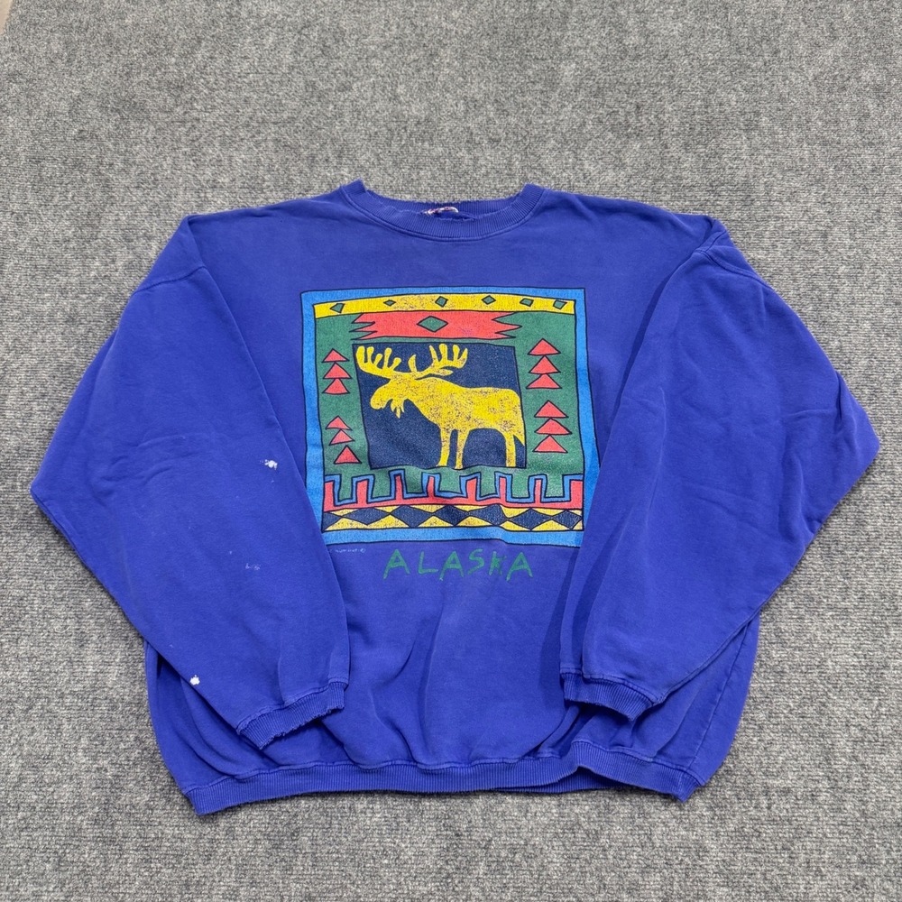 VTG Moose Sweatshirt Men's XL Alaska Aztec‎ Stained Thrashed Multi-Colored Blue